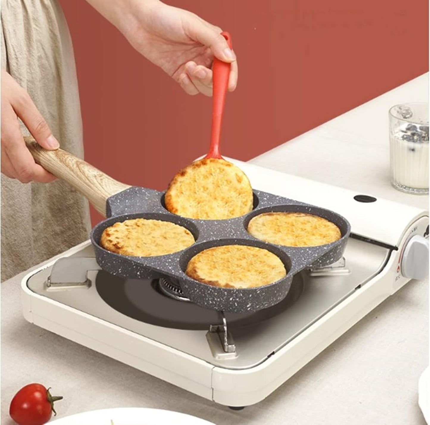 4 Blocks Aluminium Fry pan with Detachable Wooden Handle