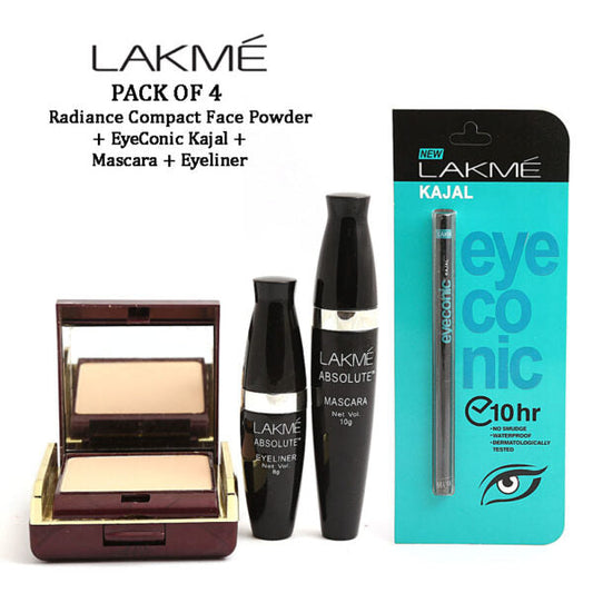 Lakme Pack Of 4: Radiance Compact Face Powder + EyeConic Kajal + Mascara + Eyeliner