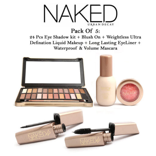 Urban Decay Naked Pack Of 5: 24 Pcs Eye Shadow Kit + Blush On + Weightless Ultra Definition Liquid Makeup + Long Lasting Eyeliner + Waterproof & Volume Mascara