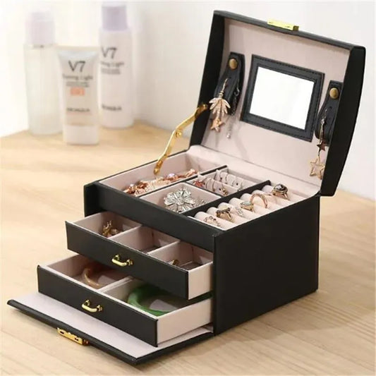 3 Layer Pu Leather Jewelry Storage Organizer With Mirror And Lock Drawer Used To Store jewellery Box