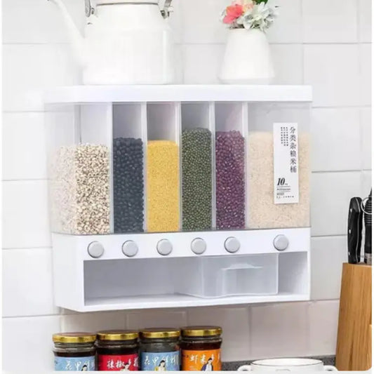 6 in 1 Wall-Mounted Dry Food Dispenser 6-Grid Cereal Dispensers Food Storage Container